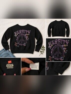 Hanes Size Small Navy Blue Peace Sign Glitter Varsity Sweatshirt